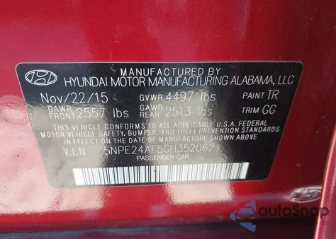 2016 Hyundai Sonata Se из США, поврежденный, VIN 5NPE24AF5GH352062